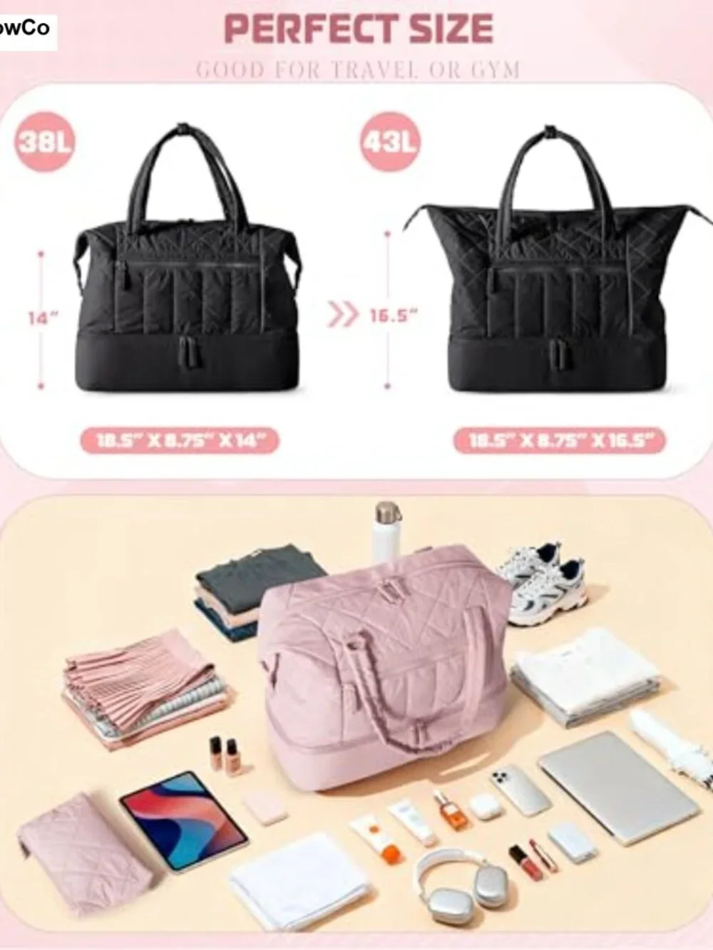 Quilted Travel Duffle with Shoe Compartment, Wet Pocket, Laptop Sleeve